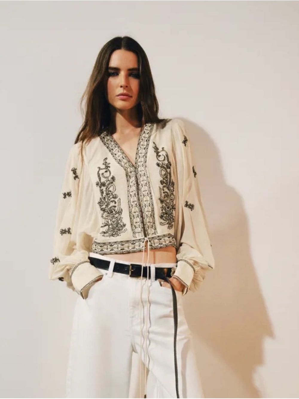 Zara Cream Embroidered V-Neck Tunic Top